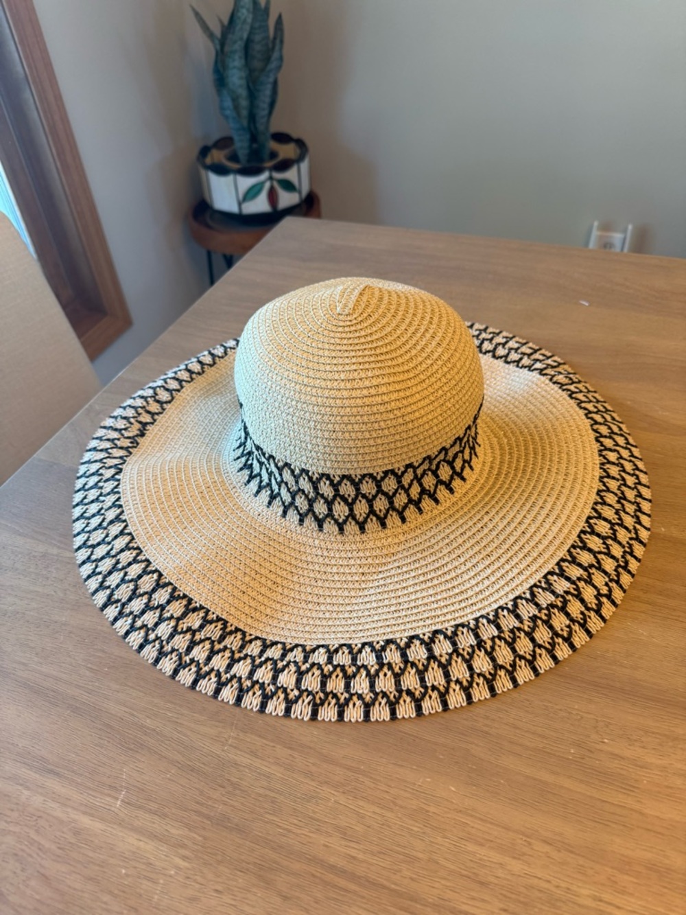 Freestyle Beige Straw Sun Hat with Black Pattern Trim